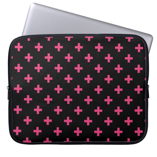 Fuchsia polka kreuzt schwarz laptopschutzhülle (Vorderseite)