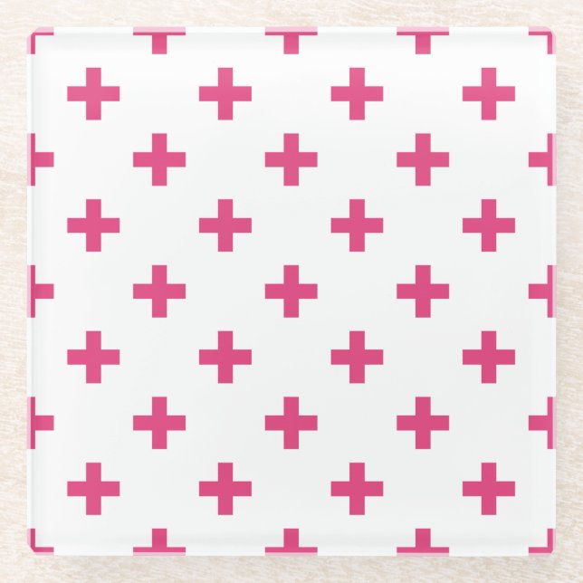Fuchsia polka kreuzt weiß glasuntersetzer (Vorderseite)