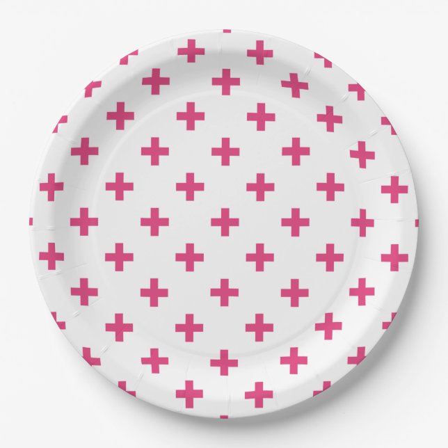 Fuchsia polka kreuzt weiß pappteller (Vorderseite)