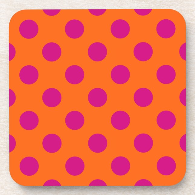 Fuchsia-Polka-Punkte auf Orange Getränkeuntersetzer (Vorderseite)