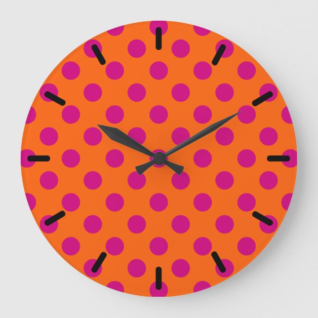 Fuchsia-Polka-Punkte auf Orange Große Wanduhr (Vorderseite)
