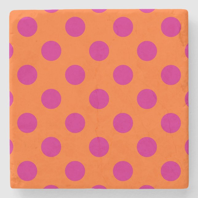 Fuchsia-Polka-Punkte auf Orange Steinuntersetzer (Vorderseite)