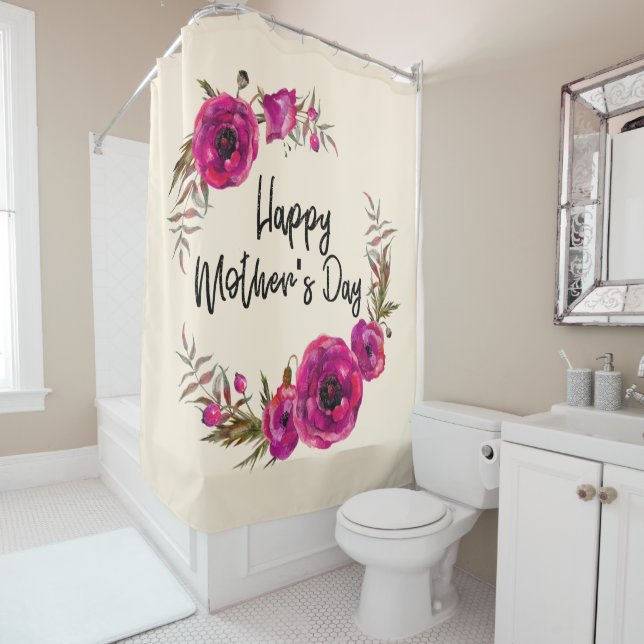 Fuchsia Poppies Blumenreath Happy Mother Day Duschvorhang (Beispiel)