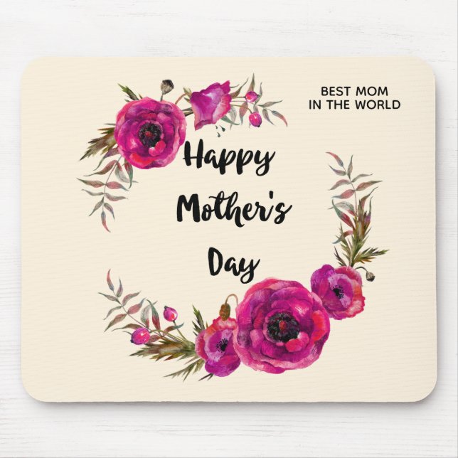 Fuchsia Poppies Blumenreath Happy Mother Day Mousepad (Vorne)
