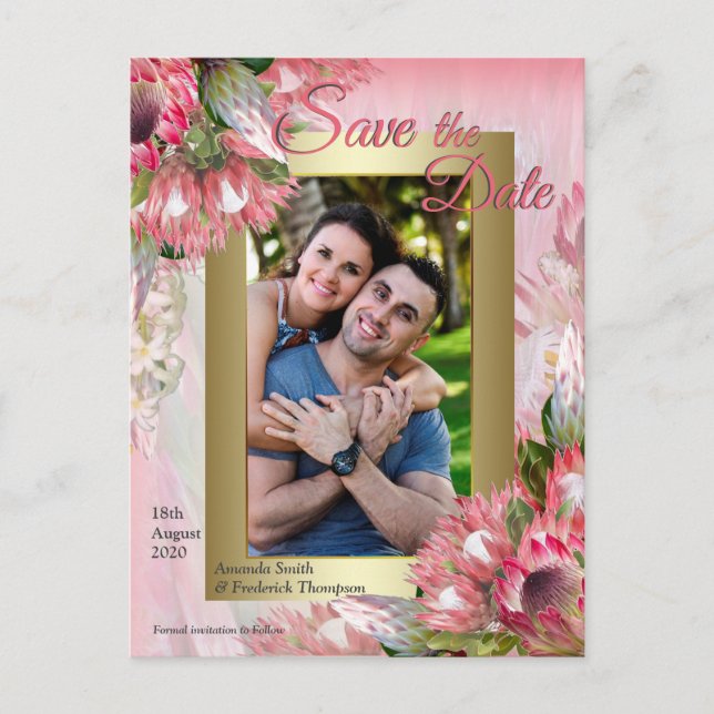 Fuchsia Protea ist Save the Date mit Blush & Gold Ankündigungspostkarte (Vorderseite)