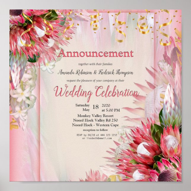 Fuchsia Protea mit Blush & Gold Ankündigung Poster (Vorne)