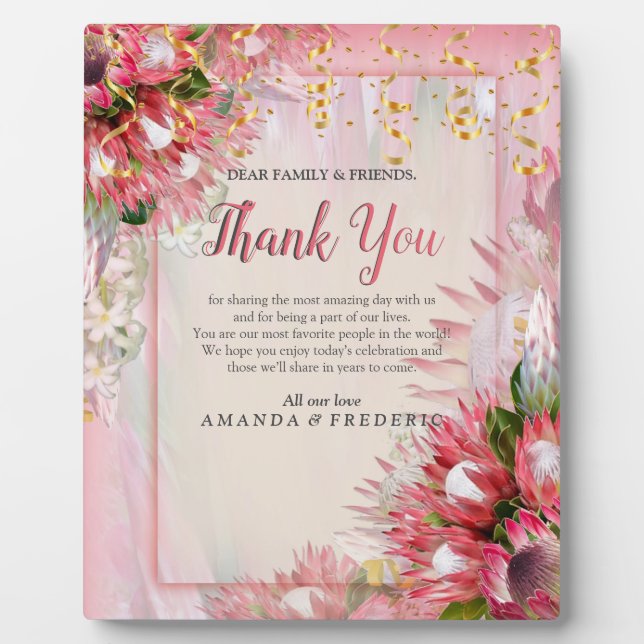 Fuchsia Protea mit Blush & Gold Ribbons Fotoplatte (Vorderseite)