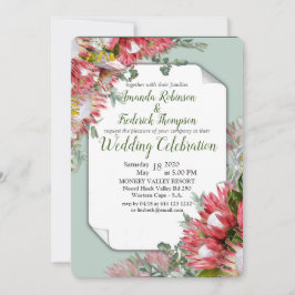 Fuchsia Protea mit Grüntönen & Gold Ribbon Einladung