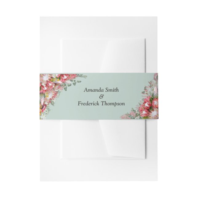 Fuchsia Protea's mit Green & Gold Envelope Band (Vorderseite Beispiel)