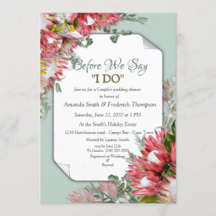 Fuchsia Protea's mit Green & Gold Polterabend Einladung