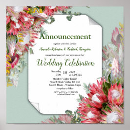 Fuchsia Protea's mit Grüntönen & Gold Ankündigung Poster