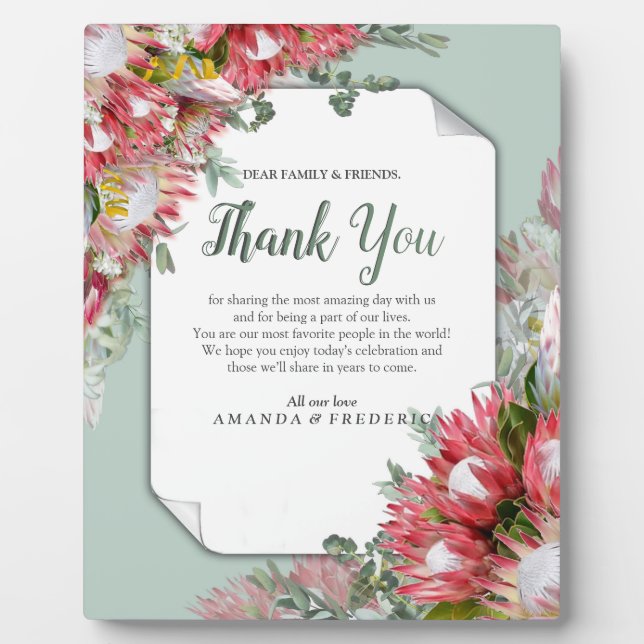 Fuchsia Protea's mit Grüntönen & Gold Ribbons Fotoplatte (Vorderseite)