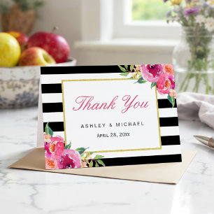 Fuchsia Purpurrot Rot Floral Schwarz Streifen Dank Dankeskarte