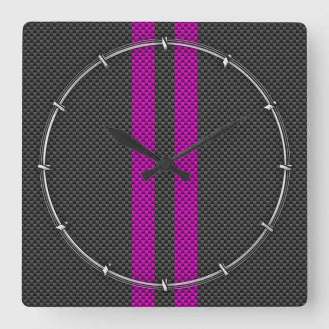 Fuchsia Racing Stripes im Carbon Fibre Style Quadratische Wanduhr (Vorderseite)