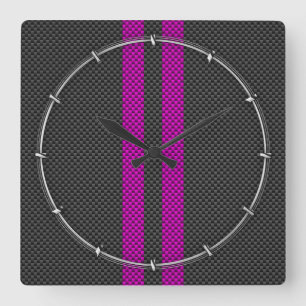 Fuchsia Racing Stripes im Carbon Fibre Style Quadratische Wanduhr