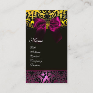FUCHSIA RIBBON BLACK GOLD YELLOW DAMASK MONOGRAMM VISITENKARTE