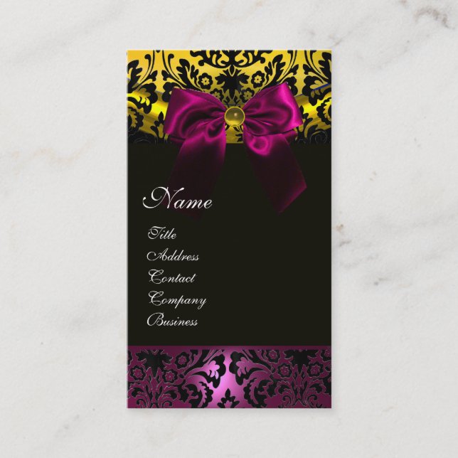 FUCHSIA RIBBON BLACK GOLD YELLOW DAMASK MONOGRAMM VISITENKARTE (Vorderseite)