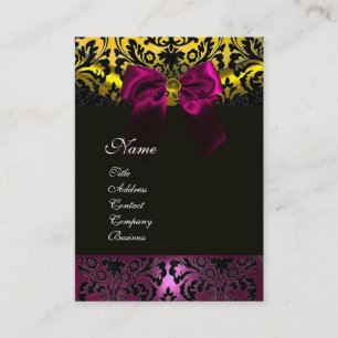 FUCHSIA RIBBON BLACK GOLD YELLOW DAMASK MONOGRAMM VISITENKARTE