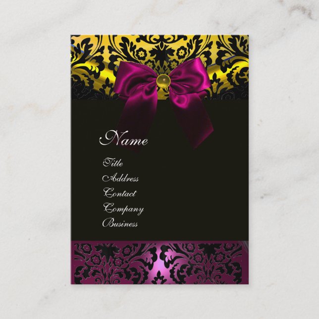 FUCHSIA RIBBON BLACK GOLD YELLOW DAMASK MONOGRAMM VISITENKARTE (Vorderseite)