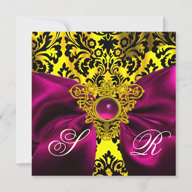 FUCHSIA RIBBON GOLD CELTIC HERZ DAMASK MONOGRAMM EINLADUNG (Vorderseite)