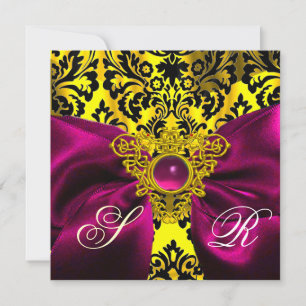 FUCHSIA RIBBON GOLD CELTIC HERZ DAMASK MONOGRAMM EINLADUNG