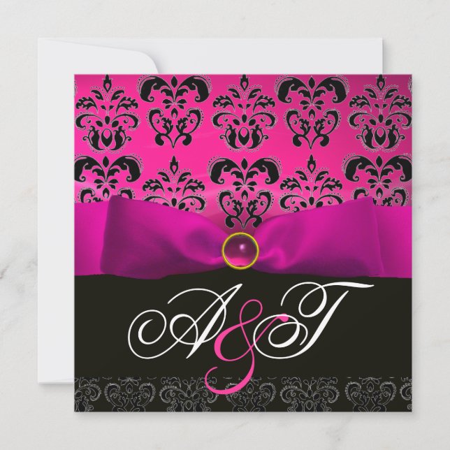 FUCHSIA RIBBON PINK LILA SCHWARZES DAMASK-MONOGRAM EINLADUNG (Vorderseite)