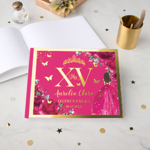 Fuchsia Rosa Blumen Quinceañera Quince 15 XV Gold Gästebuch