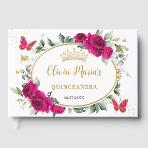 Fuchsia Rosa Blumen Schmetterling Gold Quinceanera Gästebuch