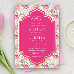 Fuchsia Rosa Blumenmuster Muslimische Hochzeit Gol Folieneinladung