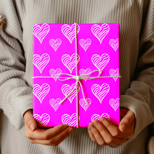 Fuchsia Rosa Chic Wellig Gestreifte Weiße Herzen Geschenkpapier