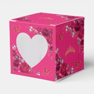Fuchsia Rosa Floral Gold Quinceanera 15 16 XV Mini Geschenkschachtel