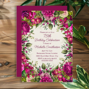Fuchsia Rosa Florale Grüne Blätter 75. Geburtstag Einladung