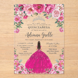 Fuchsia Rosa Florale Silber Quinceanera XV Geburts Acryleinladungen