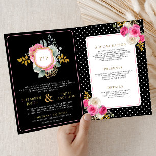 Fuchsia Rosa Florales Alles in Einem Crest Schwarz Einladung