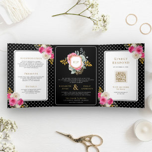 Fuchsia Rosa Florales Ganzkörper Crest Schwarz Hoc Dreifach Gefaltete Einladung