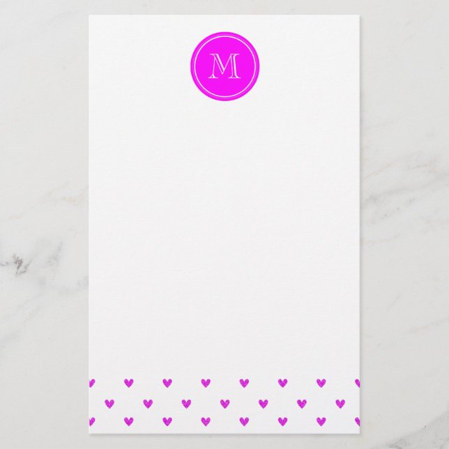 Fuchsia Rosa Glitzer Herzstück mit Monogramm Briefpapier (Vorderseite)