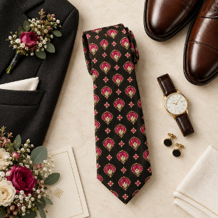 Fuchsia Rosa Gold Fächer Motiv auf schwarzer Geome Krawatte