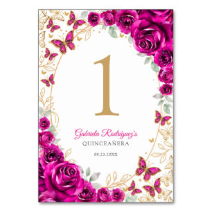 Fuchsia Rosa Gold Floral Quinceanera Tischnummer