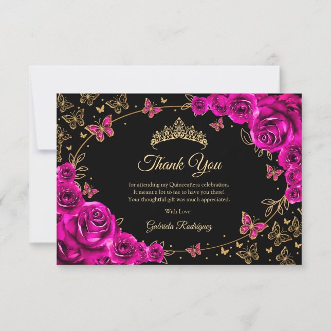 Fuchsia Rosa Gold Quinceanera Dankeskarte (Vorderseite)