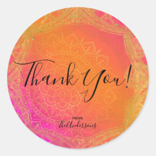 Fuchsia Rosa Orange und Gold Indische Mandala-Part Runder Aufkleber