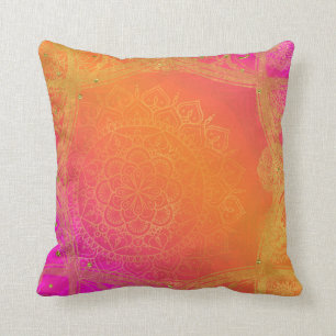 Fuchsia Rosa Orange und Gold indisches Mandala Gla Kissen