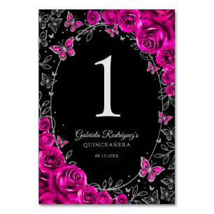 Fuchsia Rosa Schwarz Silber Quinceanera Tischnummer