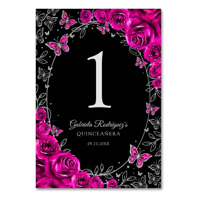 Fuchsia Rosa Schwarz Silber Quinceanera Tischnummer (Vorderseite)