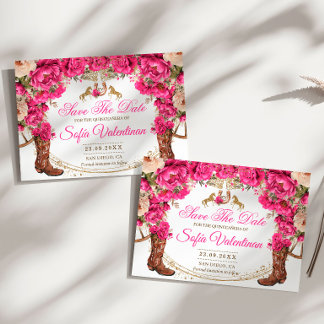 Fuchsia-Rosen und Cowboy-Stiefel Country Quinceañe Save The Date