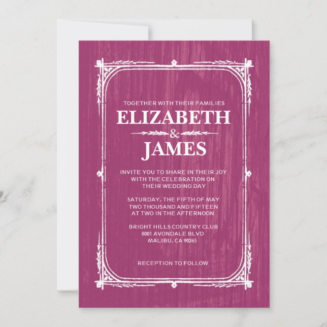 Fuchsia Rustic Barn Wood Wedding Einladungen (Vorderseite)