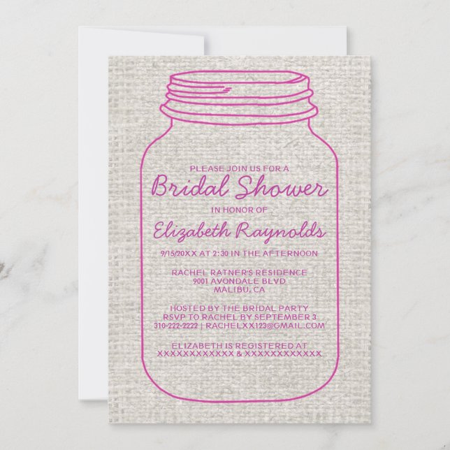 Fuchsia Rustic Mason Jar Bridal Dusche Einladungen (Vorderseite)