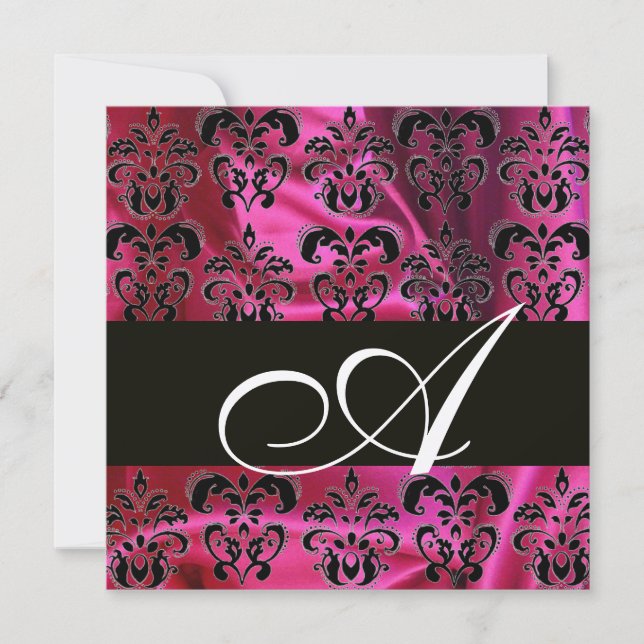 FUCHSIA SCHWARZE SILK DAMASK MONOGRAM , Goldmetall Einladung (Vorderseite)