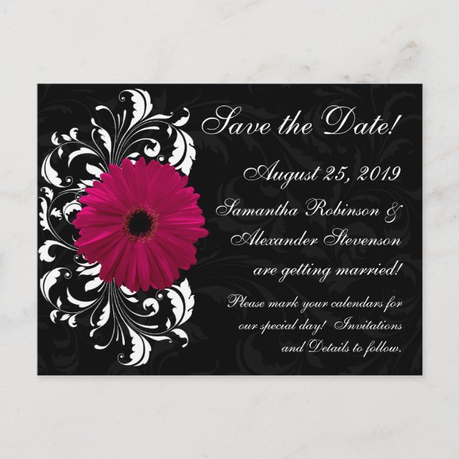 Fuchsia Scroll Gerbera Daisy Black Save the Date Ankündigungspostkarte (Vorderseite)