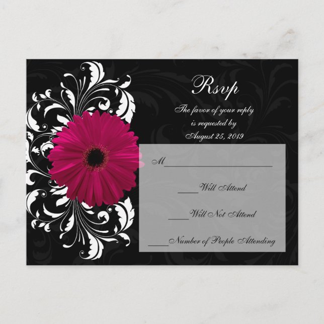 Fuchsia Scroll Gerbera Daisy w/Black and White Einladungspostkarte (Vorderseite)