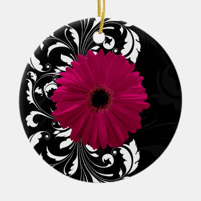 Fuchsia Scroll Gerbera Daisy w/Black and White Keramikornament (Vorne)